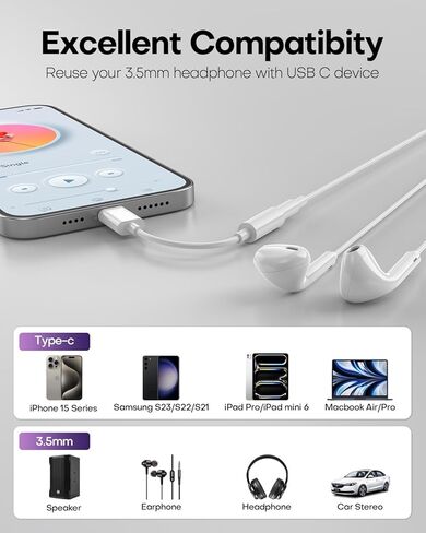 USB C to 3.5mm Audio Headphone Jack Adapter (2Pack), Aux to USB C Dongle Cord Cable Compatible with iPhone 17/16/15, iPad Pro, Samsung Galaxy S25 S24 S23 Ultra/Google Pixel - White in Saudi Arabia
