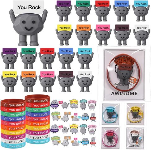 Gejoy 12 مجموعة من هدايا You Rock بما في ذلك 12 تمثال صغير من You Rock و12 بطاقة إيجابية و12 سوار من السيليكون و12 ملصقًا و12 حقيبة هدايا ملهمة لكونك موظفًا رائعًا وزملاء العمل وفريق المعلم in Kuwait