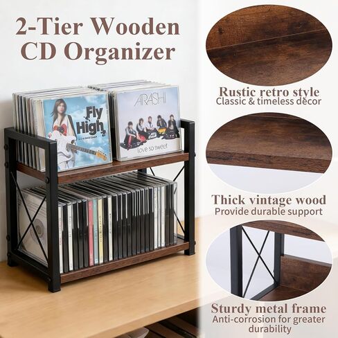 2-Tier CD Holder CD Storage Shelf for Display Countertop Wooden DVD Rack with Display Top Shelf Organizer for Home Office Living Room Kitchen, Music Enthusiasts, Holds up to 42 Standard Cases in Kuwait