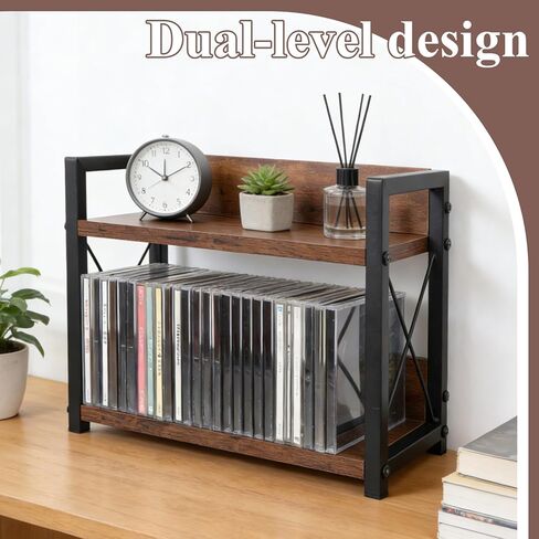 2-Tier CD Holder CD Storage Shelf for Display Countertop Wooden DVD Rack with Display Top Shelf Organizer for Home Office Living Room Kitchen, Music Enthusiasts, Holds up to 42 Standard Cases in Kuwait