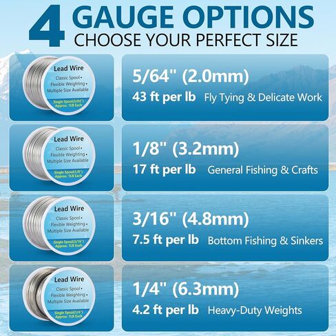 Lead Wire Solid Core Roll 1 Lb Spool — Soft High Density Lead Line for Fishing Sinkers, Drift & Dragging Weights, Fly Tying Crafting Material with 5/64", 1/8", 3/16", 1/4" Gauge Available in Kuwait