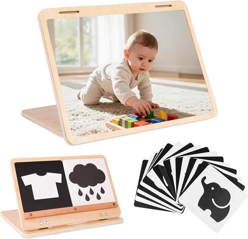 Tummy Time Mirror Large Baby Mirror Toy and Card Display Stand with Black and White High Contrast Baby Cards Double-Sided Design Adjustable Angle Montessori Mirror in Saudi Arabia