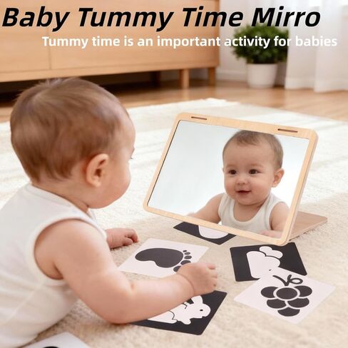 Tummy Time Mirror Large Baby Mirror Toy and Card Display Stand with Black and White High Contrast Baby Cards Double-Sided Design Adjustable Angle Montessori Mirror in Saudi Arabia
