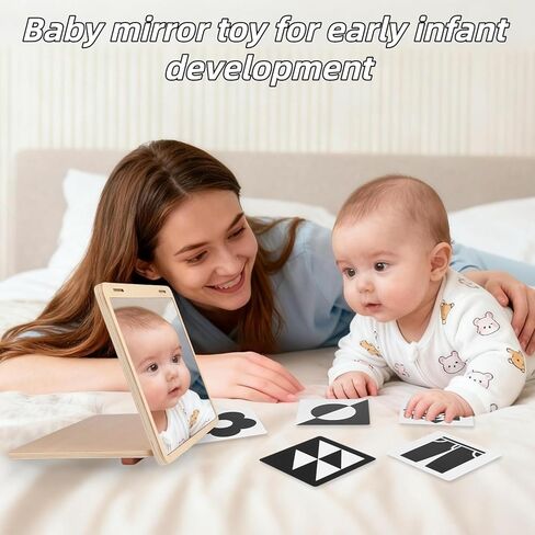 Tummy Time Mirror Large Baby Mirror Toy and Card Display Stand with Black and White High Contrast Baby Cards Double-Sided Design Adjustable Angle Montessori Mirror in Saudi Arabia