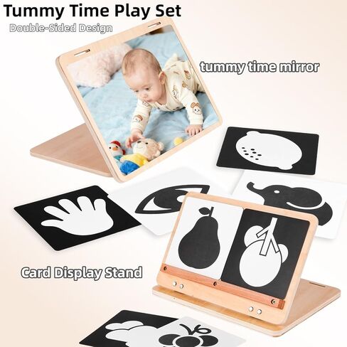 Tummy Time Mirror Large Baby Mirror Toy and Card Display Stand with Black and White High Contrast Baby Cards Double-Sided Design Adjustable Angle Montessori Mirror in Saudi Arabia