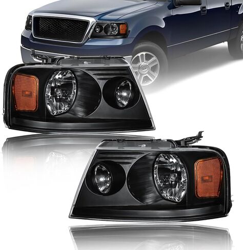 المصابيح الأمامية ث/عمود LED لـ 04-08 Ford F150 06-08 لينكولن مارك LT الأضواء الأمامية تحل محل عاكس الإسكان الأسود الكهرماني in Kuwait