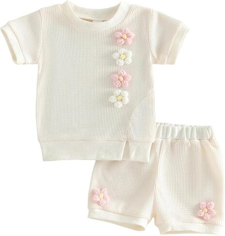 VISGOGO Toddler Baby Girl Clothes Summer Outfits 3D Flower Waffle Short Sleeve T-Shirt Tops and Shorts Set in Saudi Arabia