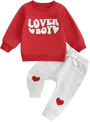 Kupretty Toddler Baby Boy Clothes Valentines Day Outfit Lover Boy Heart Embroidered Crewneck Sweatshirt + Joggers Pants Sets in Kuwait