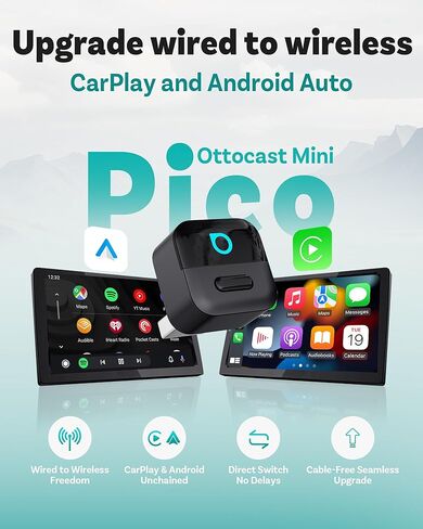 OTTOCAST Mini Pico Wireless CarPlay & Android Auto Adapter – WiFi 6 + Bluetooth 5.4, Plug & Play, Fast Auto-Reconnect, Ultra-Compact Design, Works with Factory Wired CarPlay Cars in Saudi Arabia
