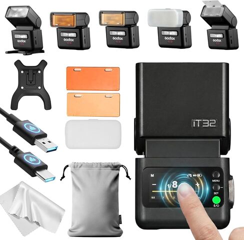 Godox IT32 كاميرا فلاش LCD تعمل باللمس، رأس فلاش مرن، عاكس وموزع مدمج، ضوء النمذجة LED، متوافق مع مشغلات فلاش Godox X5، X3، X2T، XPro، وXPro II in Kuwait