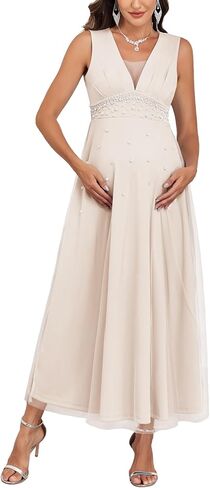 Maternity Mesh Dress V Neck Sleeveless A Line Maxi Pregnancy Formal Dresses with Pearl Beading Baby Shower Photoshoot in Saudi Arabia