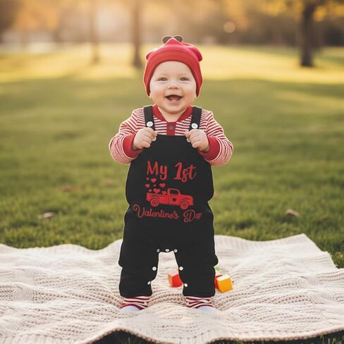 My First Valentines Day Baby Boy Outfit Newborn Long Sleeve Striped Waffle Romper Overalls Pants Hat 3Pcs Clothes Set in Saudi Arabia