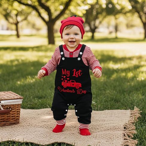 My First Valentines Day Baby Boy Outfit Newborn Long Sleeve Striped Waffle Romper Overalls Pants Hat 3Pcs Clothes Set in Saudi Arabia