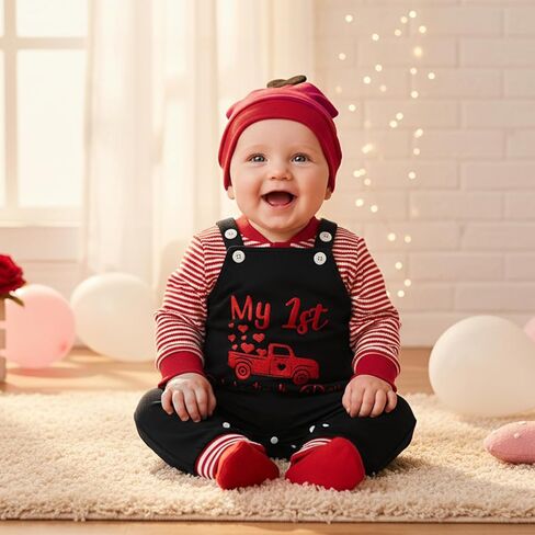 My First Valentines Day Baby Boy Outfit Newborn Long Sleeve Striped Waffle Romper Overalls Pants Hat 3Pcs Clothes Set in Saudi Arabia
