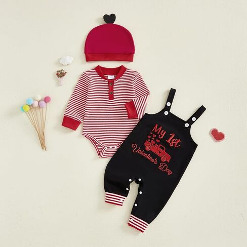 My First Valentines Day Baby Boy Outfit Newborn Long Sleeve Striped Waffle Romper Overalls Pants Hat 3Pcs Clothes Set in Saudi Arabia