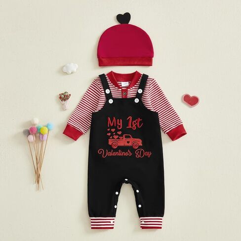 My First Valentines Day Baby Boy Outfit Newborn Long Sleeve Striped Waffle Romper Overalls Pants Hat 3Pcs Clothes Set in Saudi Arabia