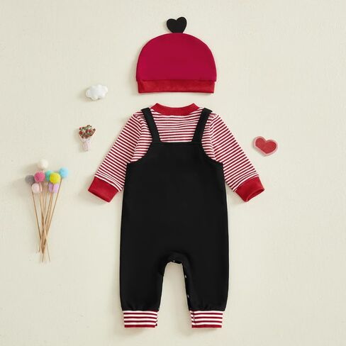 My First Valentines Day Baby Boy Outfit Newborn Long Sleeve Striped Waffle Romper Overalls Pants Hat 3Pcs Clothes Set in Saudi Arabia