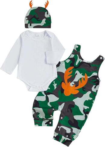 Newborn Baby Boy Fall Clothes Hunting Long Sleeve Romper Deer Embroidery Camo Overalls Pants Hat 3Pcs Outfit Set in Saudi Arabia