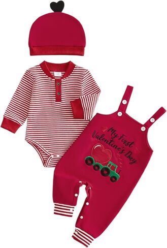 My First Valentines Day Baby Boy Outfit Newborn Long Sleeve Striped Waffle Romper Overalls Pants Hat 3Pcs Clothes Set in Saudi Arabia