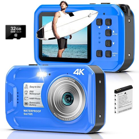 4K 64MP ضبط تلقائي للصورة تحت الماء 1250 مللي أمبير بطاقة 32 جيجابايت 16FT شاشة مزدوجة مقاومة للماء in Kuwait