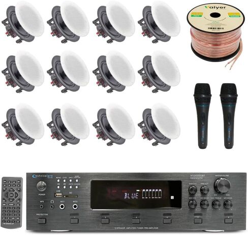 Home Theater Sound System Kit -6 Ch 6000 W Bluetooth Amplifier w/ 12 Qty of 6.5" Frameless in-Wall in-Ceiling Speakers 200 W Each, 2 Qty of Wired Mic, 500 ft Speaker Wire & Remote by Technical Pro in Saudi Arabia