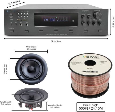 Home Theater Sound System Kit -6 Ch 6000 W Bluetooth Amplifier w/ 12 Qty of 6.5" Frameless in-Wall in-Ceiling Speakers 200 W Each, 2 Qty of Wired Mic, 500 ft Speaker Wire & Remote by Technical Pro in Saudi Arabia