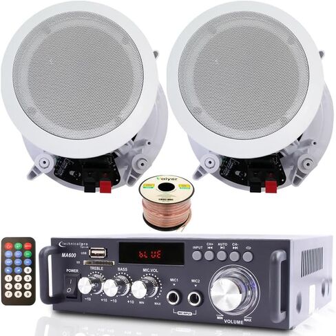 Home Theater System Kit – 2 Channel, 600 Watts Bluetooth Amplifier w/ 2 Qty of 6.5" Framed Ceiling Speakers 200W Each, 50 ft Speaker Wire & Remote Perfect for Home, Restaurant Use by Technical Pro in Saudi Arabia