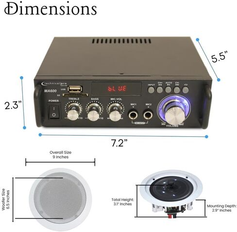 Home Theater System Kit – 2 Channel, 600 Watts Bluetooth Amplifier w/ 2 Qty of 6.5" Framed Ceiling Speakers 200W Each, 50 ft Speaker Wire & Remote Perfect for Home, Restaurant Use by Technical Pro in Saudi Arabia