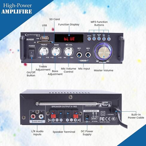 Home Theater System Kit – 2 Channel, 600 Watts Bluetooth Amplifier w/ 2 Qty of 6.5" Framed Ceiling Speakers 200W Each, 50 ft Speaker Wire & Remote Perfect for Home, Restaurant Use by Technical Pro in Saudi Arabia
