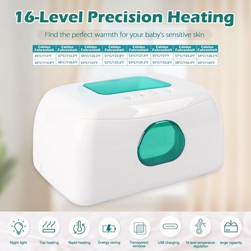 Baby Wipe Warmer with 16-Level Precision Heating, Portable USB-Powered Wet Wipe Warmer, Auto-Lift Spring Wet Wipes Dispenser, Gentle 45°-60° Diaper Wipes Warmer for Diaper Changes, Home & Travel Use in Saudi Arabia