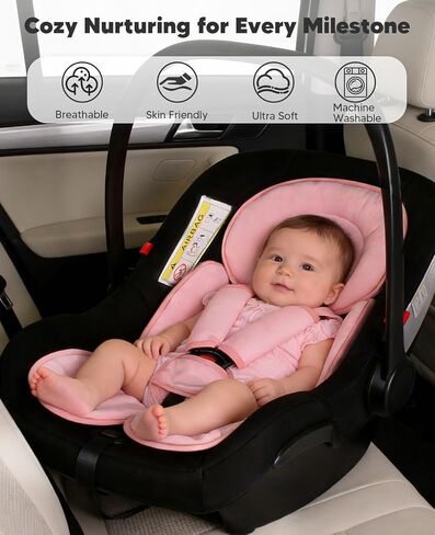 Infant Car Seat Insert for Newborn Girls Boys, 3 in 1 Reversible Cushion for Carseat with Strap Pads Buckle Cover Extra Soft Carseat Support Pad for All Season, Pink in Saudi Arabia
