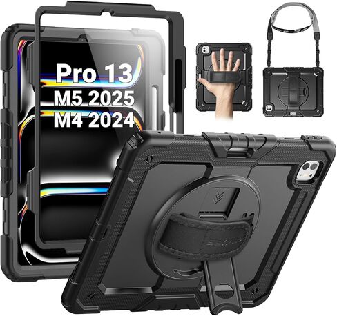 حافظة SEYMAC لجهاز iPad Pro 13 بوصة M5 2025 / M4 2024، حافظة واقية شديدة التحمل مقاومة للصدمات مع واقي شاشة، حامل دوار 360 درجة، حزام اليد/الكتف وحامل قلم، أسود in Kuwait