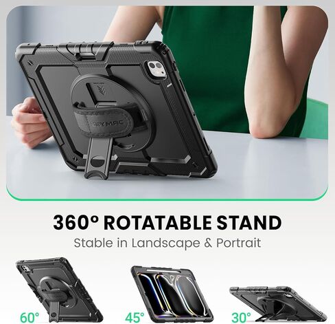 حافظة SEYMAC لجهاز iPad Pro 13 بوصة M5 2025 / M4 2024، حافظة واقية شديدة التحمل مقاومة للصدمات مع واقي شاشة، حامل دوار 360 درجة، حزام اليد/الكتف وحامل قلم، أسود in Kuwait