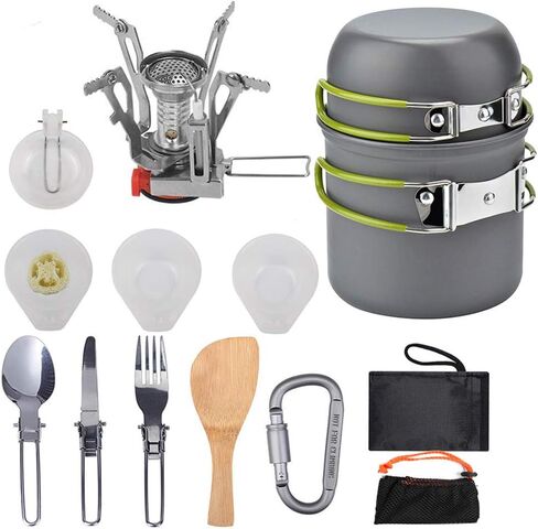 Peidesi Camping Cookware Mess Kit، مجموعة أواني ومقالي موقد التخييم المحمولة، حلقة تسلق، سكين قابل للطي، طقم ملعقة شوكة، حقيبة شبكية للحمل، لحقائب الظهر in Kuwait