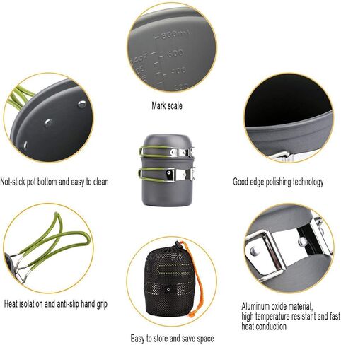Peidesi Camping Cookware Mess Kit، مجموعة أواني ومقالي موقد التخييم المحمولة، حلقة تسلق، سكين قابل للطي، طقم ملعقة شوكة، حقيبة شبكية للحمل، لحقائب الظهر in Kuwait