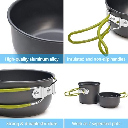 Peidesi Camping Cookware Mess Kit، مجموعة أواني ومقالي موقد التخييم المحمولة، حلقة تسلق، سكين قابل للطي، طقم ملعقة شوكة، حقيبة شبكية للحمل، لحقائب الظهر in Kuwait