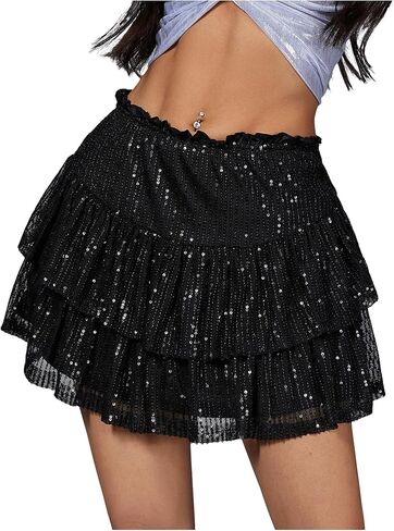 MakeMeChic Women's Glitter Sequin Mini Skirt Ruffle Tiered Frill Trim A Line Party Club Skirts in Saudi Arabia