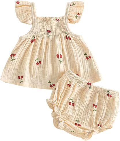 Mubineo Baby Girl Summer Clothes Cute Basic Plain Cotton Linen Ruffle Tops Dress Shorts Outfits Set Shirt Princess Outfit in Saudi Arabia