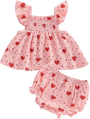 Infant Baby Girl Valentines Day Outfit Heart Flutter Sleeve Smocked Tops Bloomers Shorts Set 2Pcs Cotton Linen Clothes in Saudi Arabia