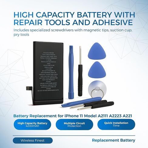 Battery Replacement for iPhone 11 Model A2111 A2221 A2223 High Capacity Repair Part + Tool + Adhesive, Fix Low Dead Power Issue 0 Cycle Spare Battery, 2025 New Upgrade Version in Saudi Arabia