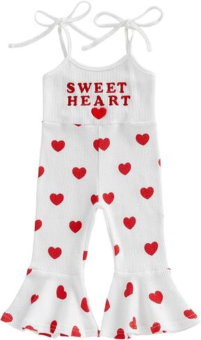 Toddler Baby Girl​ Valentines Day Outfit Heart Embroidered Letter Sleeveless Jumpsuit Bell Bottoms Pants Overalls in Saudi Arabia