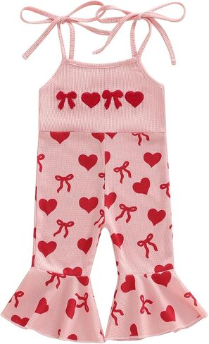Toddler Baby Girl​ Valentines Day Outfit Heart Embroidered Letter Sleeveless Jumpsuit Bell Bottoms Pants Overalls in Saudi Arabia