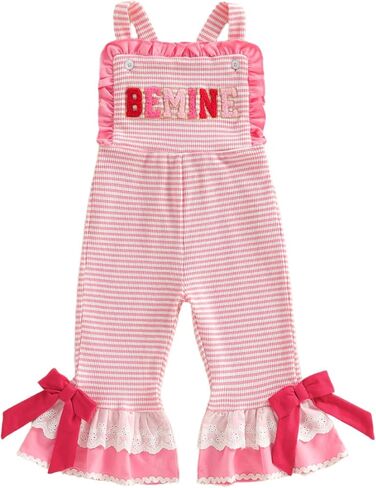 Toddler Baby Girl​ Valentines Day Outfit Heart Embroidered Letter Sleeveless Jumpsuit Bell Bottoms Pants Overalls in Saudi Arabia