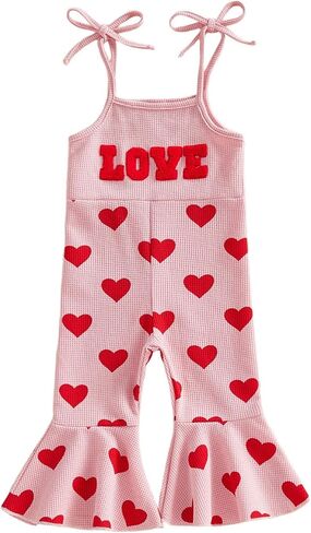 Toddler Baby Girl​ Valentines Day Outfit Heart Embroidered Letter Sleeveless Jumpsuit Bell Bottoms Pants Overalls in Saudi Arabia