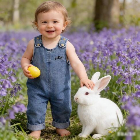 Toddler Baby Easter Outfit Overall Pants Boy Girl Bunny Ear Denim Romper with Pom Pom Tail Jeans Jumpsuit in Kuwait