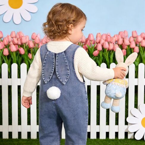 Toddler Baby Easter Outfit Overall Pants Boy Girl Bunny Ear Denim Romper with Pom Pom Tail Jeans Jumpsuit in Kuwait