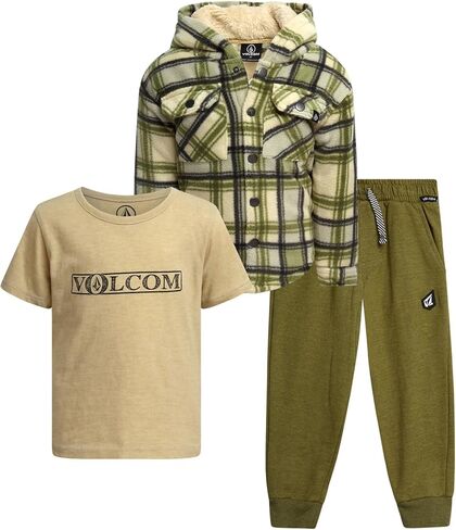Volcom Baby Boys Pants Set - 3 Piece Sherpa Lined Soft Fleece Shacket Short Sleeve Graphic Tee & French Terry Jogger Pants in Saudi Arabia