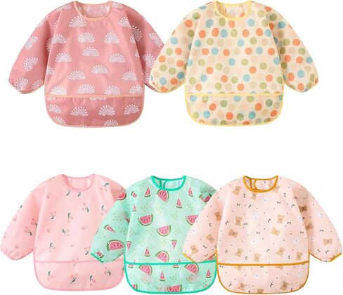 Long Sleeved Bibs,5 PCS Waterproof Wearable Bibs with Sleeves,Baby Feeding Smock 6-30 Months in Saudi Arabia