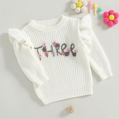 سترة عيد ميلاد للفتيات الصغيرات من Todder Baby Girl مقاس 2 3 سنوات، ملابس عيد الميلاد الثاني، سترة صوفية محبوكة مطرزة بالزهور لعيد الميلاد الثالث (أبيض لعيد ميلاد 3 سنوات، 3-4 سنوات) in Saudi Arabia