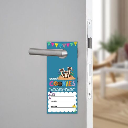 Scout Cookie Door Hanger 50pk 8.5x3.5" Black Footed Ferret Mascot 2026 Girl Troop Reorder Form Sales Goal Leaders Door Neighbor Labels (Blue) in Saudi Arabia